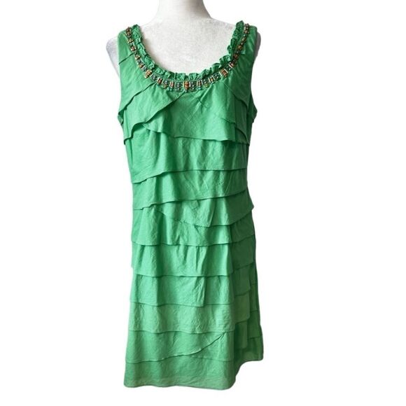 SL Fashions Green Sleeveless Ruffled Dress Beaded SZ 12 - Picture 1 of 16